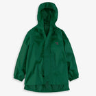 A green Originals Waterproof Jacket, laid out on a white surface, with a hood and a small logo on the chest.